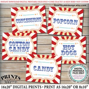 Carnival Food Signs, Carnival Theme Party, Popcorn, Cotton Candy, Hot Dogs, Candy, Circus Theme Party, PRINTABLE 8x10/16x20” Food Signs &lt;ID&gt;
