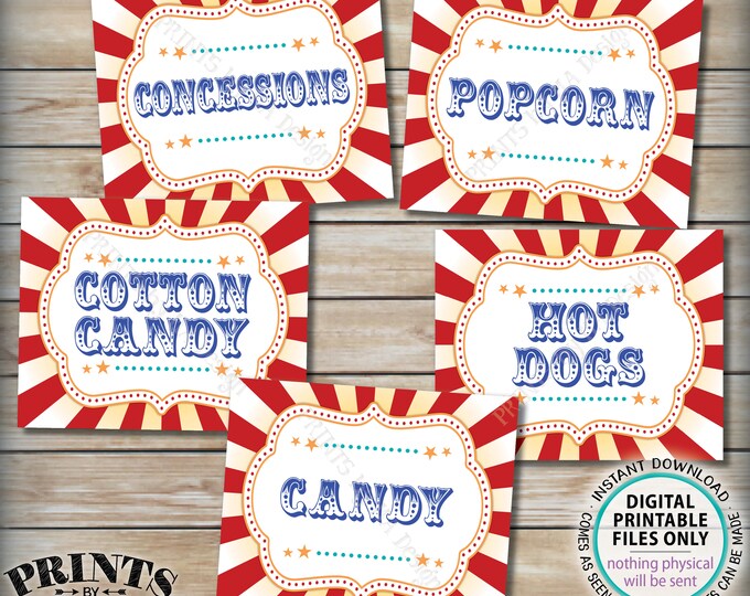 Carnival Food Signs, Carnival Theme Party, Popcorn, Cotton Candy, Hot Dogs, Candy, Circus Theme Party, PRINTABLE 8x10/16x20” Food Signs <ID>