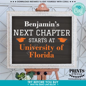 May include: A chalkboard sign with a white frame announcing "Benjamin's Next Chapter Starts At University of Florida". The sign has a graduation cap graphic and the text "Personalize with Coryl" in the top right corner.