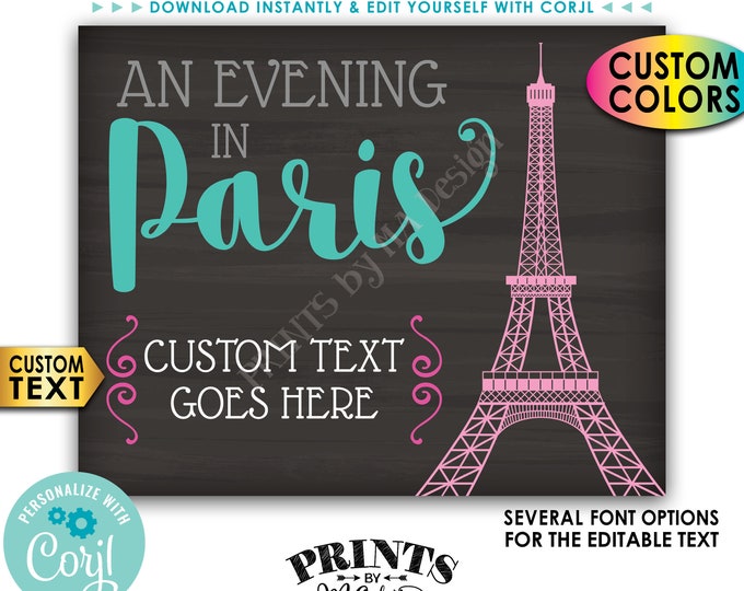 An Evening in Paris sign, Eiffel Tower, Custom PRINTABLE Chalkboard Style 8x10"/16x20" Sign <Edit Yourself with Corjl>
