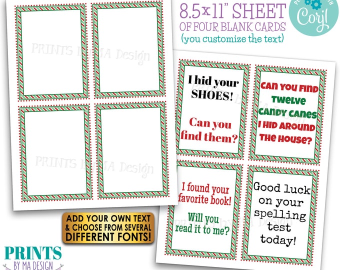 Editable Christmas Signs, 4 Cards on ONE Custom PRINTABLE 8.5x11" Portrait Digital File, Matches Elf Designs <Edit Yourself w/Corjl>
