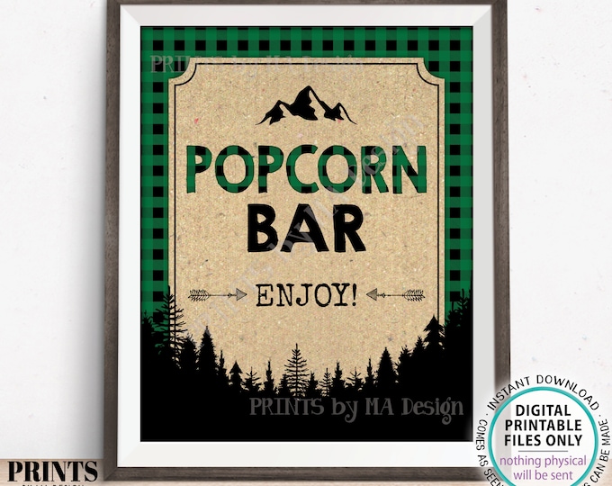 Popcorn Bar Sign, Lumberjack Popcorn, Green Checker Buffalo Plaid Decor, Birthday, Wedding, Christmas, PRINTABLE 8x10" Popcorn Sign <ID>