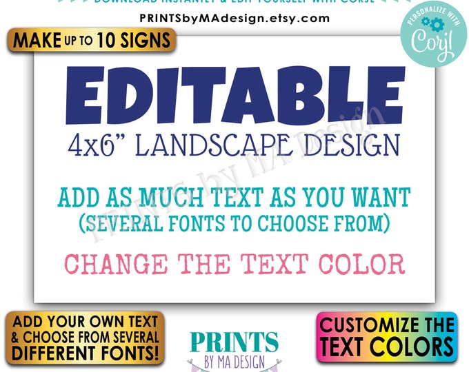 Editable 4x6 Landscape Cards/Signs, Choose Your Text & Text Colors, Up to Ten Custom PRINTABLE 4x6” Signs <Edit Yourself w/Corjl>