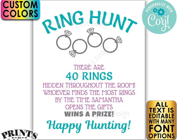 Bridal Shower Ring Hunt Game Sign, Wedding Shower Scavenger Hunt, Custom PRINTABLE 8x10/16x20" Ring Hunt Sign <Edit Yourself with Corjl>