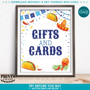 May include: A printable sign with a blue and white fiesta theme. The sign says "Gifts and Cards" with a taco, sombrero, and maracas graphic. The text "Nothing Physical Will Be Sent" is at the bottom of the sign.