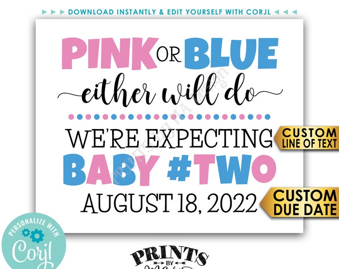 Baby Number 2 Pregnancy Announcement, Pink or Blue Either Will Do for Baby #2, PRINTABLE 8x10/16x20” Custom Sign <Edit Yourself with Corjl>