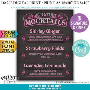 Pode incluir: Um sinal imprim&iacute;vel para uma festa ou evento com tr&ecirc;s mocktails de assinatura: Shirley Ginger, Strawberry Fields e Lavender Lemonade. O sinal &eacute; projetado para parecer um quadro-negro com detalhes em rosa e o texto "Signature Mocktails" no topo.