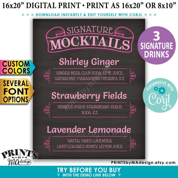Signature MOCKtails Sign, 3 Non-Alcoholic Beverages, Custom PRINTABLE 8x10/16x20” Chalkboard Style Drinks Sign <Edit Yourself w/Corjl>