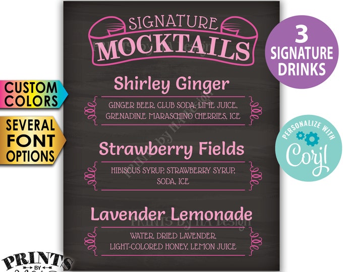 Signature MOCKtails Sign, 3 Non-Alcoholic Beverages, Custom PRINTABLE 8x10/16x20” Chalkboard Style Drinks Sign <Edit Yourself w/Corjl>