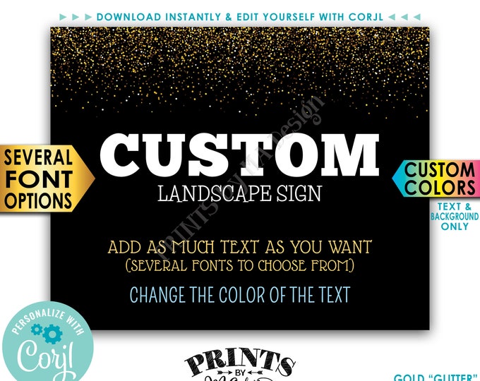 Custom Gold Glitter Sign, Choose Your Text, Edit Colors (text/background), PRINTABLE 8x10/16x20” Landscape Sign <Edit Yourself with Corjl>