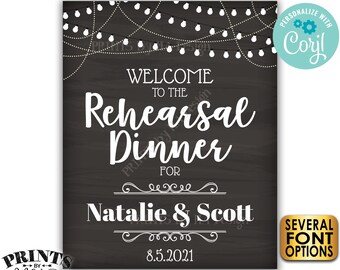 May include: A printable sign for a rehearsal dinner with a chalkboard background and white string lights. The text reads "Welcome to the Rehearsal Dinner for Natalie & Scott 8.5.2021".