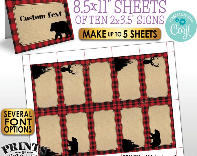 Lumberjack Place Cards, Recd Checker Buffet Food Labels, Up to 5 PRINTABLE 8.5x11" Sheets of 2x3.5" Labels, <Edit Yourself with Corjl>