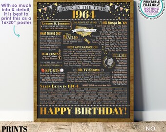 Back in the Year 1964 Birthday Sign, Flashback to 1964 Poster Board, 1964 Birthday Gift, Custom PRINTABLE 16x20” B-day Decoration