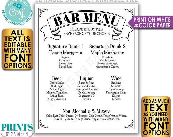 Bar Menu Sign, Custom PRINTABLE 8x10/16x20” Black & White Drinks Sign, Birthday Party, Wedding Reception <Edit Yourself with Corjl>