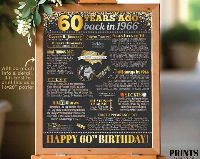 60th Birthday Poster Board, Born in the Year 1966, Flashback 60 Years Ago B-day Gift, PRINTABLE 16x20” Back in 1966 Sign, 60th Gift <ID>