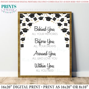 Könnte beinhalten: Gerahmter digitaler Druck mit Abschlussfeier-Motiv. Der Druck zeigt den Text „Behind You, All Your Memories, Before You, All Your Dreams, Around You, All Who Love You, Within You, All You Need“. Schwarze Abschlusskappen und goldene Konfetti verzieren die Oberseite.
