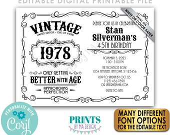 Vintage Birthday Party Invitation, Better with Age Bday Invite, Whiskey Liquor, B&W PRINTABLE 5x7” Landscape File <Edit Yourself w/Corjl>