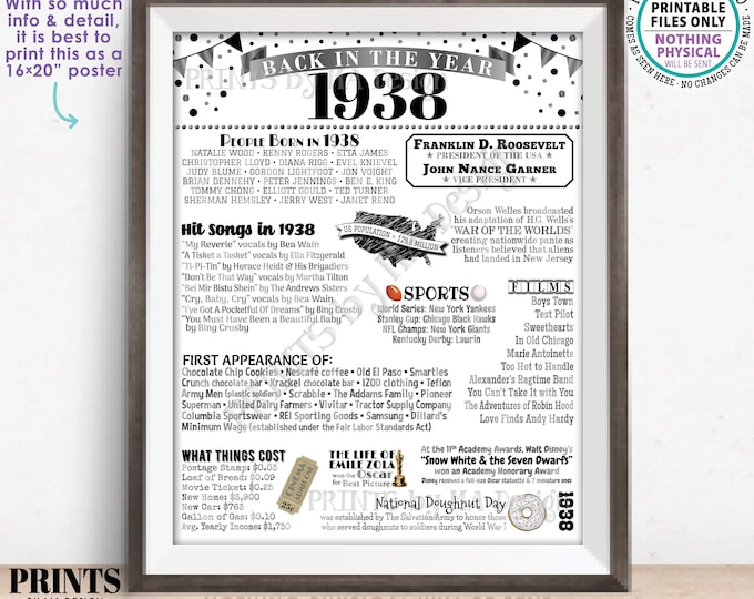 Back in the Year 1938 Poster Board, Remember 1938 Sign, Flashback to 1938 USA History from 1938, PRINTABLE 16x20” 1938 Decoration <ID>