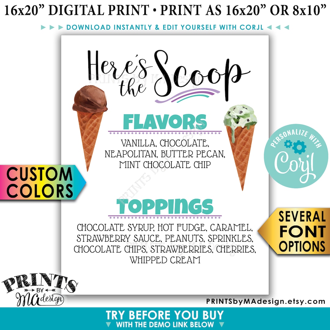 Ice Cream Flavors & Toppings Sign, Here's the Scoop Ice Cream Bar