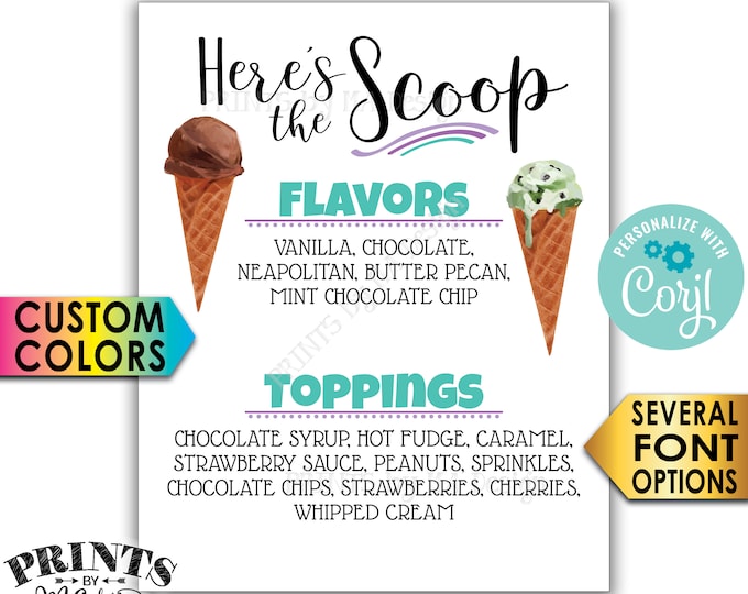 Ice Cream Flavors & Toppings Sign, Here's the Scoop Ice Cream Bar, PRINTABLE 8x10/16x20” Ice Cream Sign <Edit Yourself with Corjl>