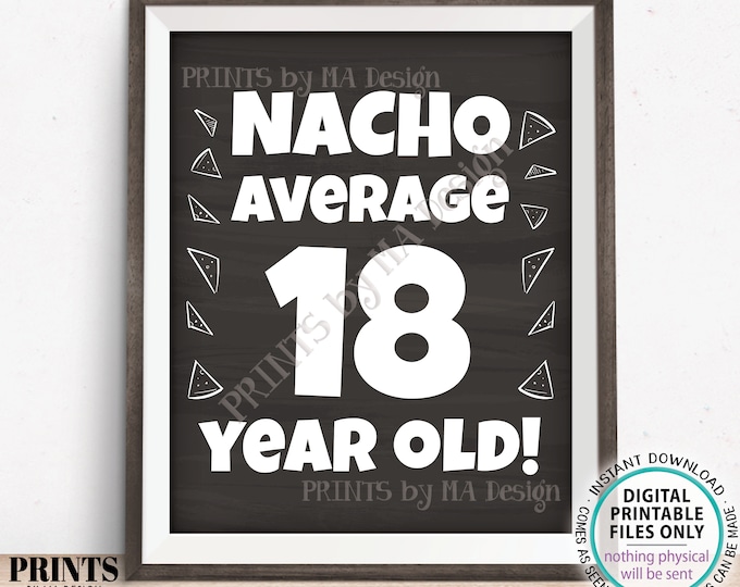 Nacho Average Birthday Party Sign, Nacho Average 18 Year Old, 18th Bday Decoration, PRINTABLE 8x10/16x20” Chalkboard Style Food Sign <ID>