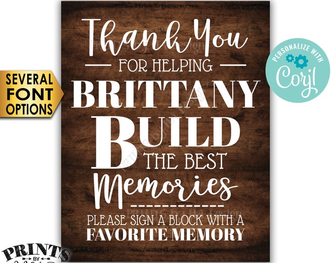 Sign a Block Memory Sign Thanks for Helping Build the Best Memories, PRINTABLE 8x10/16x20” Rustic Wood Style Sign <Edit Yourself with Corjl>