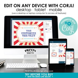 May include: A computer screen displaying a red, white, and blue carnival-themed printable sign with the text "You Customize The Text". The sign is being edited in a design program called Corjl. The text "Edit on any device with Corjl! Desktop, Tablet, Mobile" is displayed above the image. The text "Prints by MaDesign" is displayed below the image.