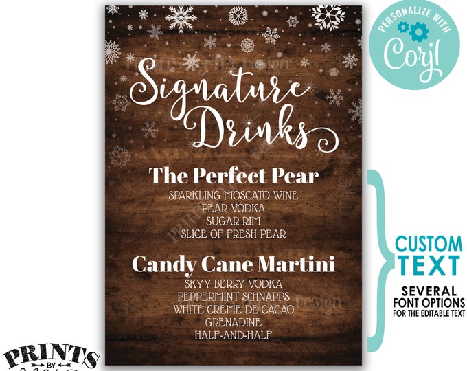 Signature Drinks Sign, Christmas Party Cocktails, PRINTABLE 5x7” Rustic Wood Style Bar Sign, Snowflakes, Holiday <Edit Yourself wtih Corjl>