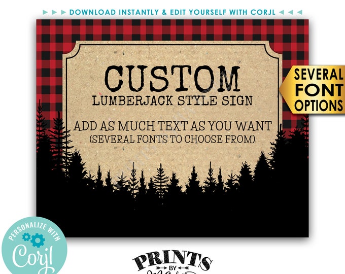 Custom Lumberjack Sign, Choose Your Text, Red Checker Plaid, Trees, One PRINTABLE 8x10/16x20” Landscape Sign <Edit Yourself with Corjl>