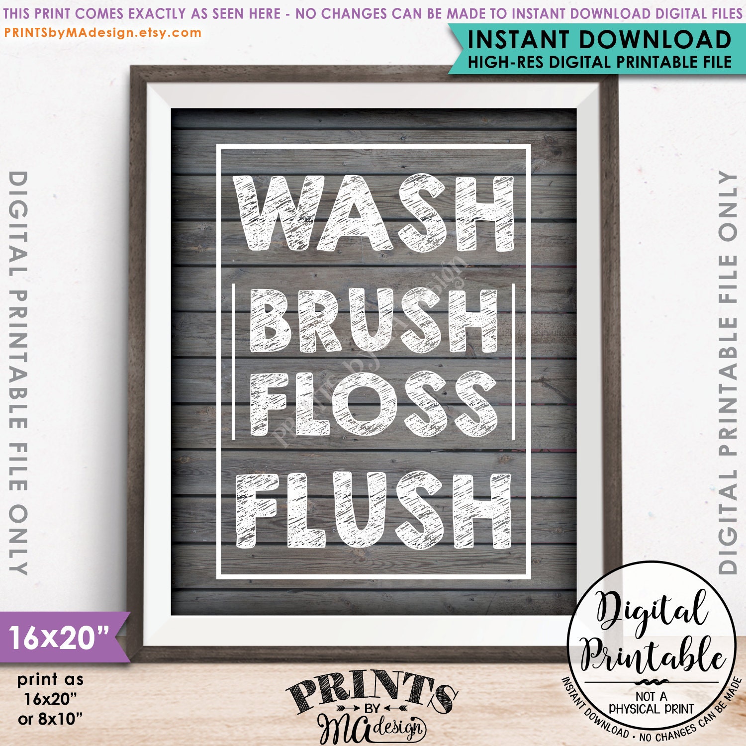 Bathroom Rules Wash Brush Floss Flush Bathroom Wall Art Children S Bathroom Decor 8x10 16x20 Rustic Wood Style Printable Instant Download