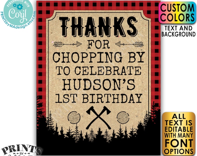 Thanks for Chopping By Lumberjack Sign, Ax/Axe, Thank You for Coming, Custom PRINTABLE Black Checker Sign <Edit Yourself w/Corjl>