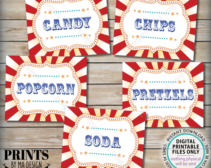 Carnival Food Signs, Candy, Chips, Popcorn, Pretzels, Soda, Circus Theme, Concessions, PRINTABLE 8x10/16x20” Party Food Signs <ID>