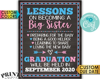 Big Sister Lessons Baby Number 2 Pregnancy Announcement, Big Sister Promotion, Chalkboard Style PRINTABLE Sign <Edit Yourself with Corjl>