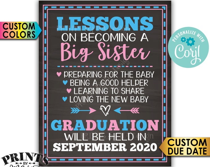 Big Sister Lessons Baby Number 2 Pregnancy Announcement, Big Sister Promotion, Chalkboard Style PRINTABLE Sign <Edit Yourself with Corjl>