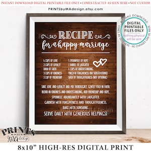 Recipe for a Happy Marriage Sign, Key to a Happy Marriage, Fun, Cute, Marriage Advice, PRINTABLE 8x10” Rustic Wood Style Wedding Sign &lt;ID&gt;