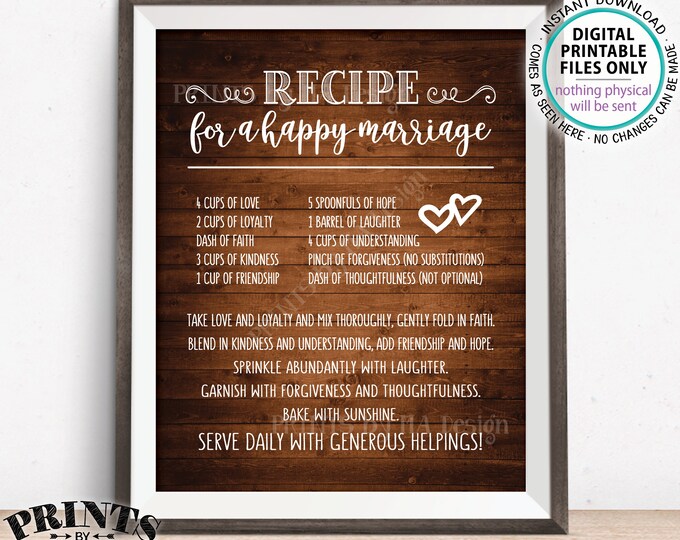 Recipe for a Happy Marriage Sign, Key to a Happy Marriage, Fun, Cute, Marriage Advice, PRINTABLE 8x10” Rustic Wood Style Wedding Sign <ID>