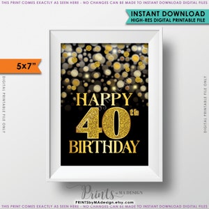 40歳の誕生日カード ブラック＆ゴールドグリッター 40歳の誕生日 ゴールデン40歳のサイン、40歳の誕生日カード、ブラック＆ゴールド デジタル 印刷可能 5x7インチ ファイル