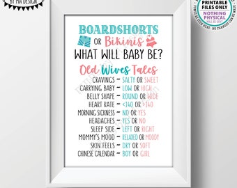 Old Wives Tales Gender Reveal Party Game, Boardshorts or Bikinis, Boy or Girl, Baby Shower Game, PRINTABLE 5x7” Card <ID>