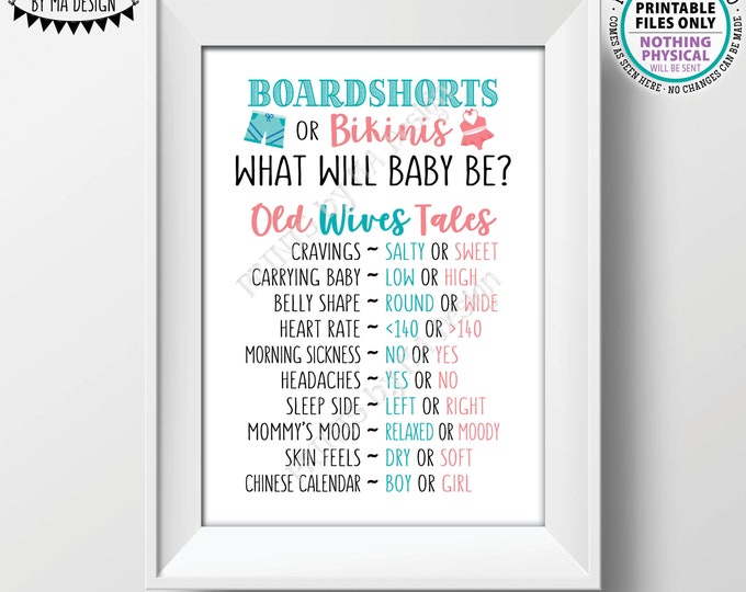 Old Wives Tales Gender Reveal Party Game, Boardshorts or Bikinis, Boy or Girl, Baby Shower Game, PRINTABLE 5x7” Card <ID>