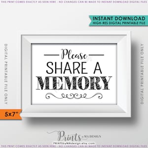 Share a Memory Sign, Please Write a Memory, Share Memories, Birthday Party, Retirement Party, Black & White PRINTABLE 5x7” Sign &lt;ID&gt;
