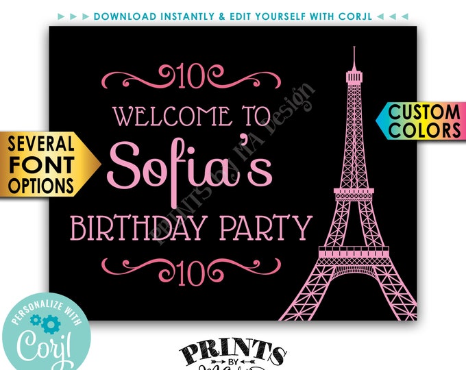 Paris Themed Birthday Party Welcome Sign, Paris B-day Party, Eiffel Tower, Custom Color PRINTABLE 16x20” Sign <Edit Yourself with Corjl>