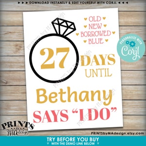 Bridal Shower Countdown Sign, Days Until She Says I Do, Custom ...