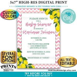 May include: A 5x7 inch printable baby shower invitation with a pink and white chevron pattern background. The invitation features a lemon tree illustration and the text "Please join us for a Baby Shower in honor of Stephanie Johnson. October 23, 2024, 1:00 PM. The Pacific Ballroom, 1234 Somestreet, Anytown, ST 98765. RSVP by October 10, 2024, (555) 555-1234. Registered at Target."
