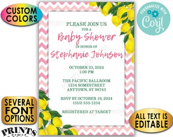 Lemon Baby Shower Invitation, Summer Lemonade, Tuscan Garden, Custom Colors, Chevron, 5x7" Digital Printable File <Edit Yourself with Corjl>