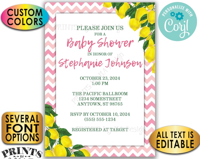 Lemon Baby Shower Invitation, Summer Lemonade, Tuscan Garden, Custom Colors, Chevron, 5x7" Digital Printable File <Edit Yourself with Corjl>