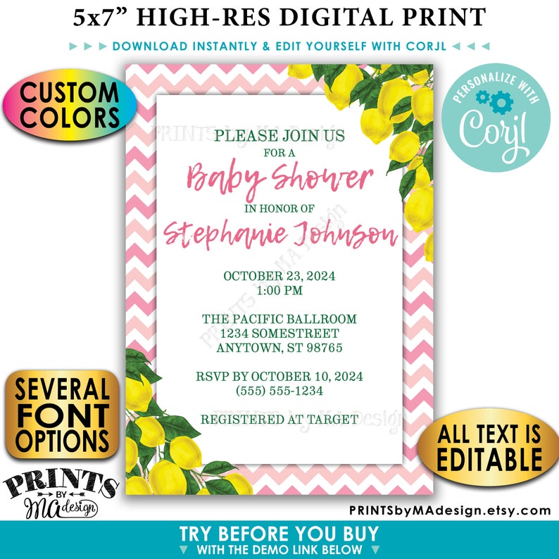 Puede incluir: Una invitaci&oacute;n imprimible para una baby shower de 5x7 pulgadas con un fondo de patr&oacute;n de chevron rosa y blanco. La invitaci&oacute;n presenta una ilustraci&oacute;n de un limonero y el texto "Please join us for a Baby Shower in honor of Stephanie Johnson. October 23, 2024, 1:00 PM. The Pacific Ballroom, 1234 Somestreet, Anytown, ST 98765. RSVP by October 10, 2024, (555) 555-1234. Registered at Target."