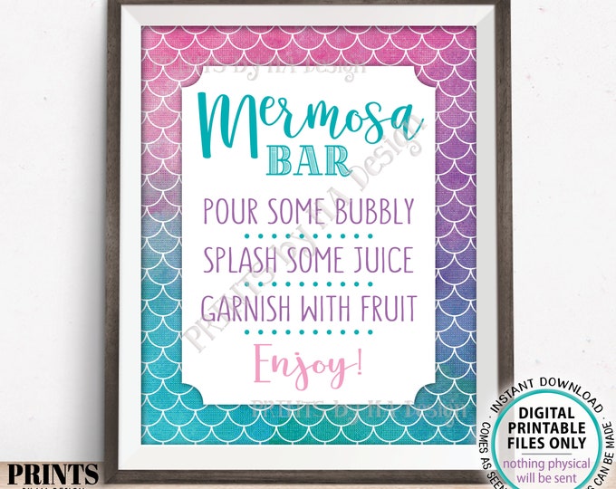 Mermaid Mimosa Bar Sign, Mermosa Bar Sign, Bridal Shower Drinks, Baby Shower, Under the Sea, PRINTABLE 8x10” Watercolor Style Sign <ID>