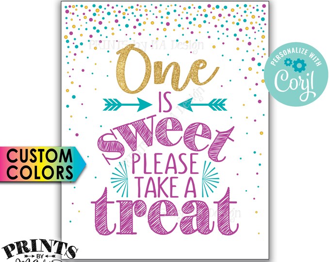 One is Sweet Please Take a Treat Sign, First Birthday Party Favors, Gold Glitter, Custom PRINTABLE 8x10" Sign <Edit Yourself with Corjl>