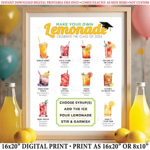 Cardápio de limonada para festa de formatura, decoração para festa de formatura da turma de 2025, estação de bebidas, bar de limonada, placa digital para impressão 8x10/16x20” <ID>