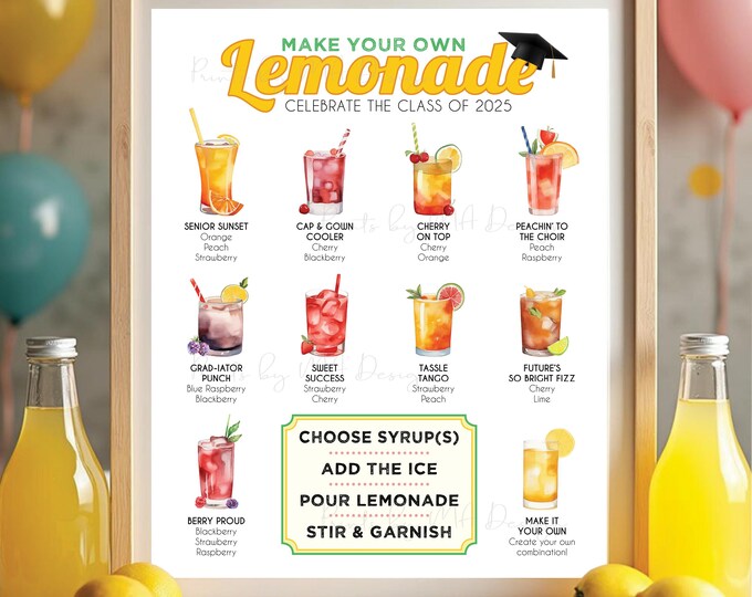 Graduation Party Lemonade Menu, Class of 2025 Grad Party Decoration, Drink Station, Lemonade Bar, Digital PRINTABLE 8x10/16x20” Sign <ID>